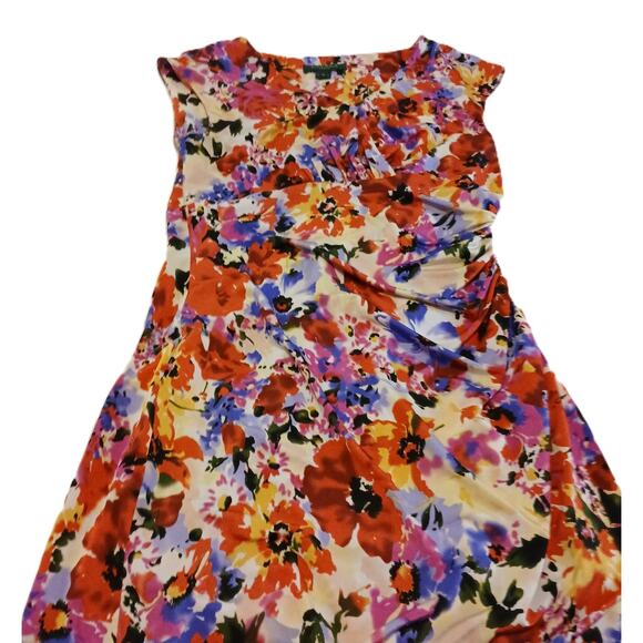 Lauren Ralph Lauren Dress Multi Floral/ Pull On / Ruched Faux Wrap/size 10 - Picture 1 of 9